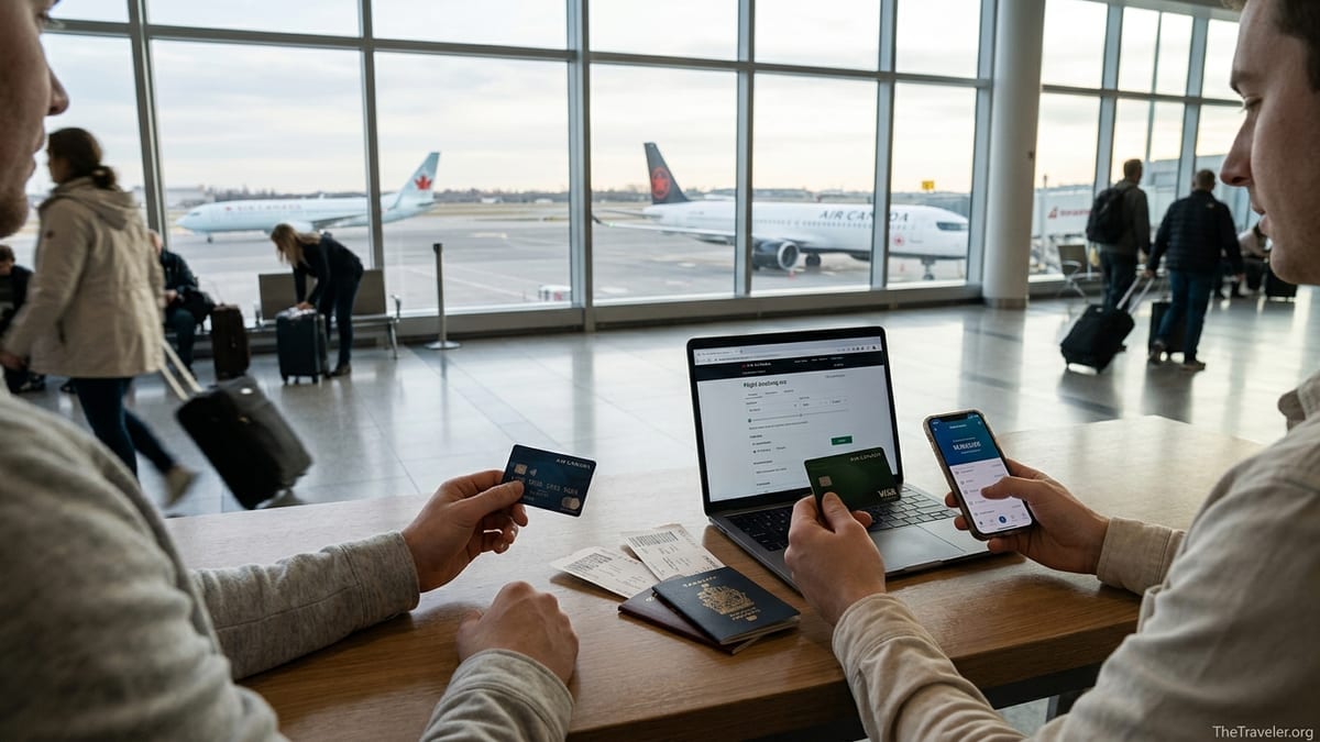 Two travelers at a Canadian airport comparing travel credit cards and trip plans near a large window.