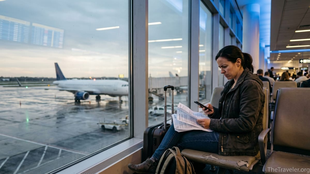Worried traveler in an airport lounge reviewing denied travel insurance papers.