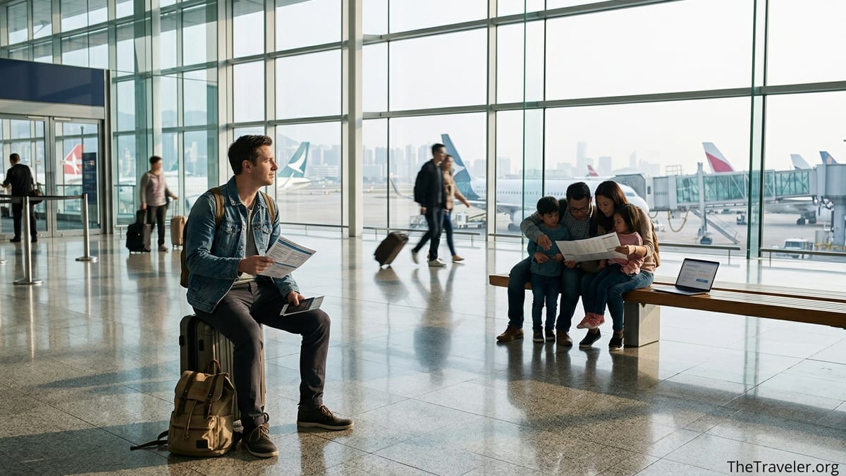 Traveler reviewing travel insurance documents in a bright airport terminal.