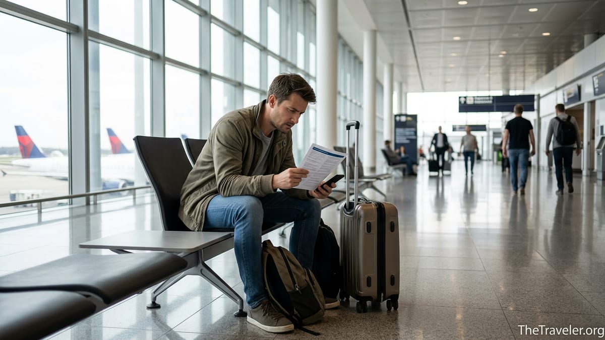 Traveler in an airport terminal reviewing travel insurance papers beside their luggage.