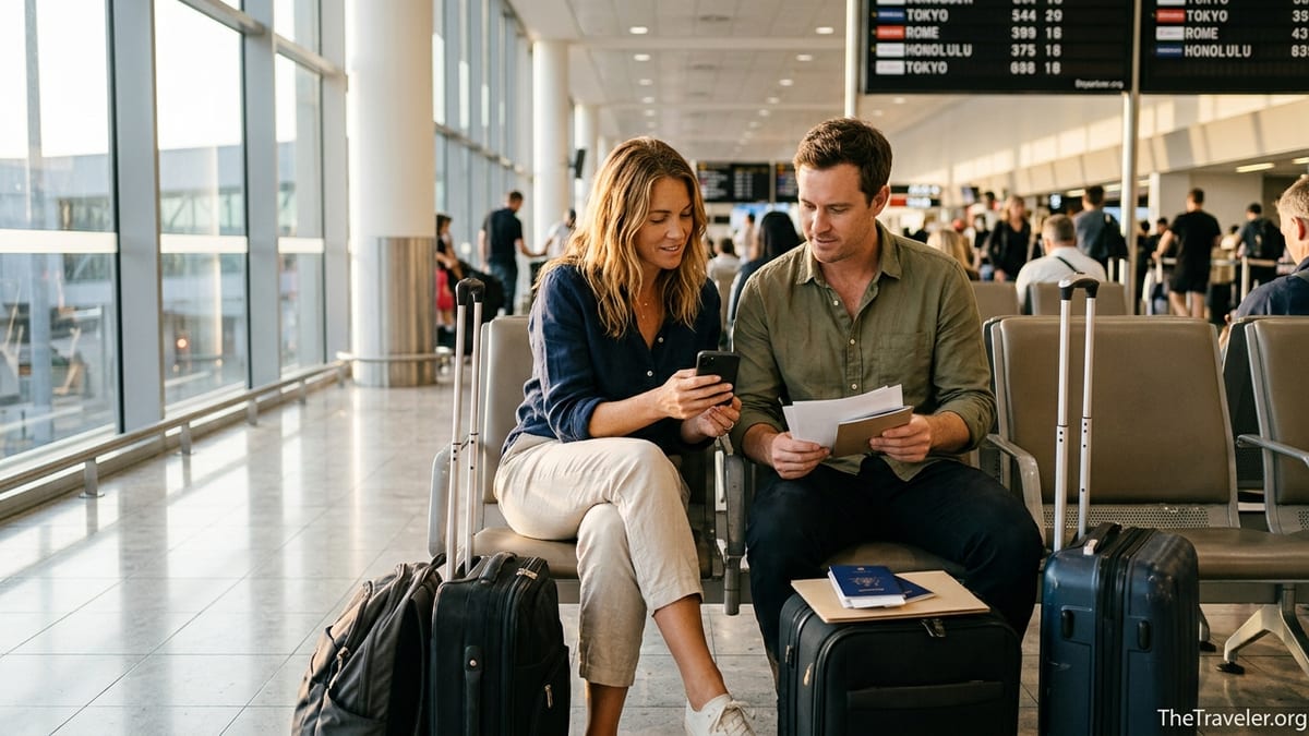 Australian travelers checking their travel insurance at an airport gate with luggage.