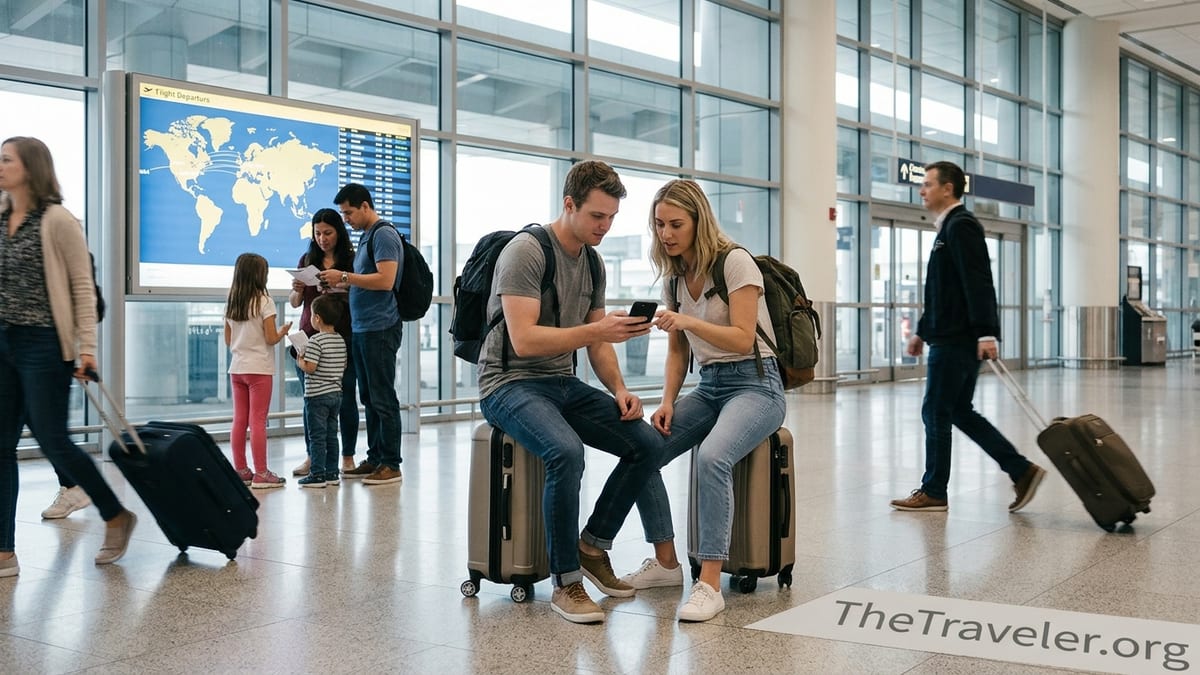 Travelers in an airport comparing travel insurance options on a smartphone.