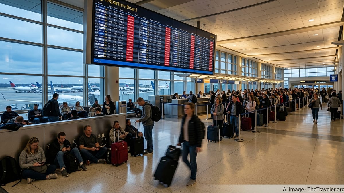 Crowded Reagan National Airport terminal with many canceled flights on the departure board.