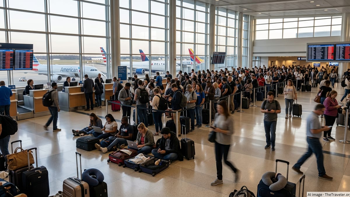 Crowded terminal at Reagan National Airport with long lines and delayed flights on departure boards.