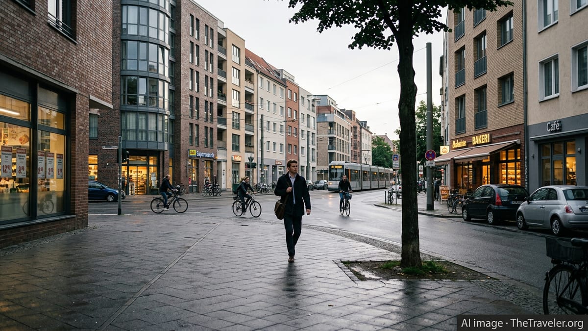 Single professional walking through a German city street lined with apartments and shops at dusk.