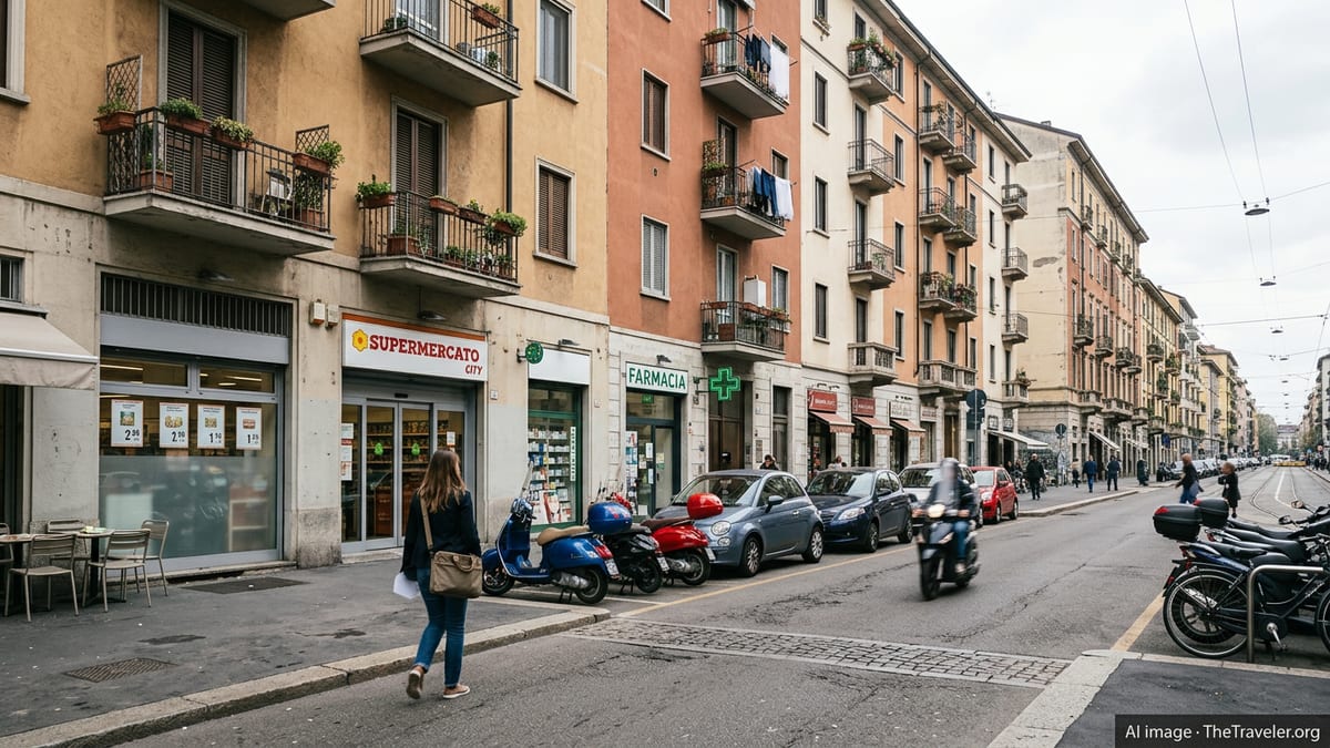 Young professional walking along a residential street in Milan with shops and apartments.