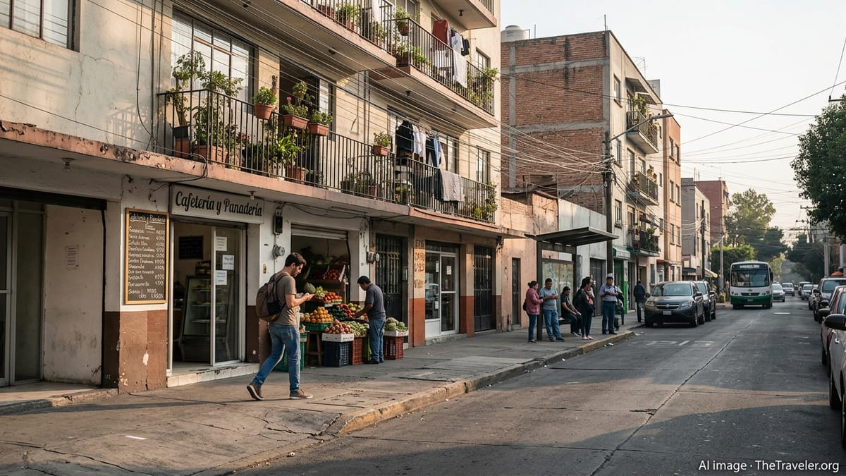 Street scene in a Mexico City neighborhood showing apartments, shops, and a single expat walking.
