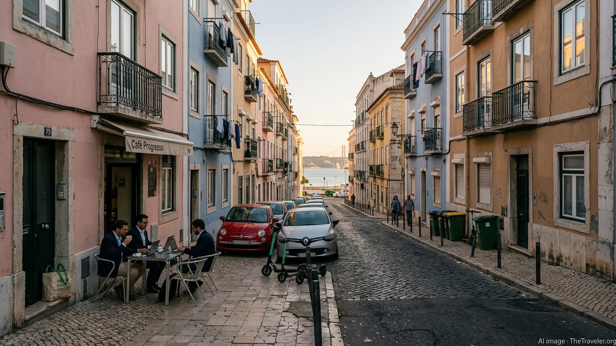 Modern Lisbon residential street with apartments, café and parked cars at sunset.
