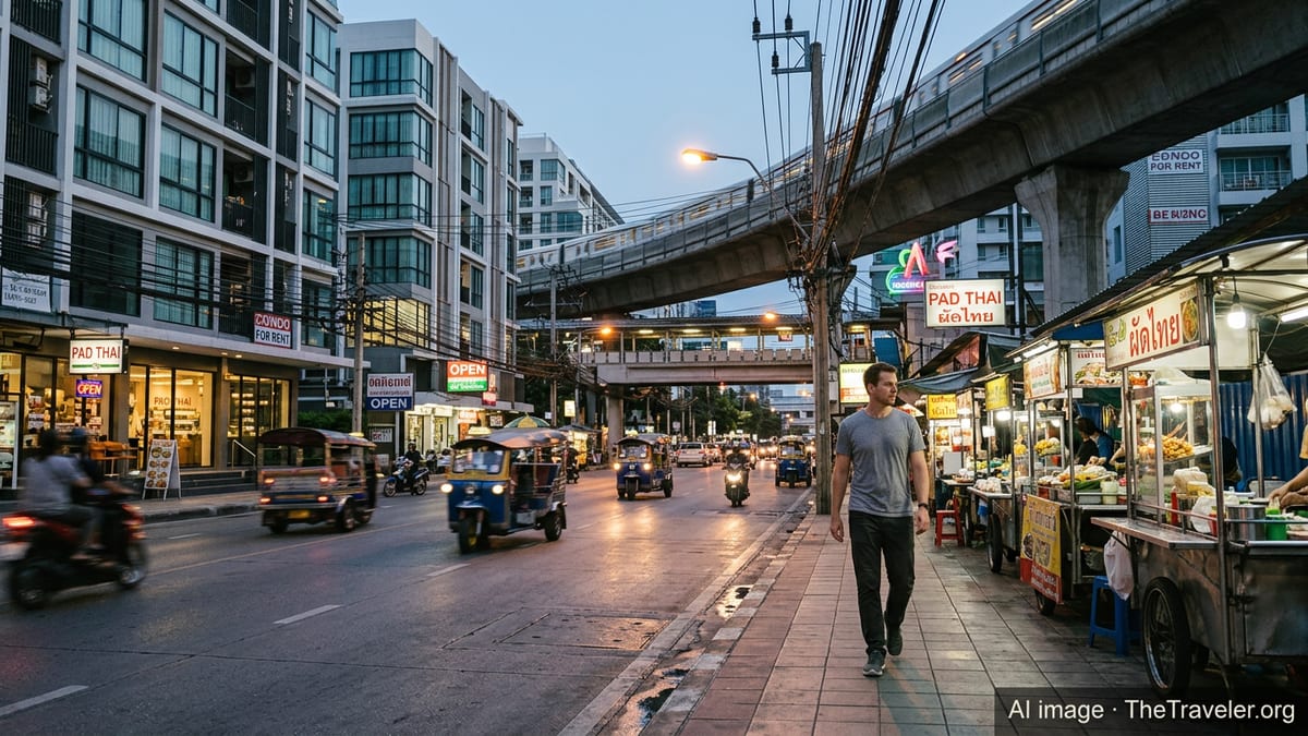 Central Bangkok street with condos, food stalls and a single expat at dusk, illustrating urban living costs.