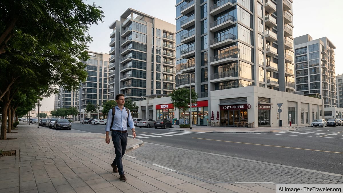 Single professional walking through a residential Dubai street with shops and apartment towers in late afternoon light.