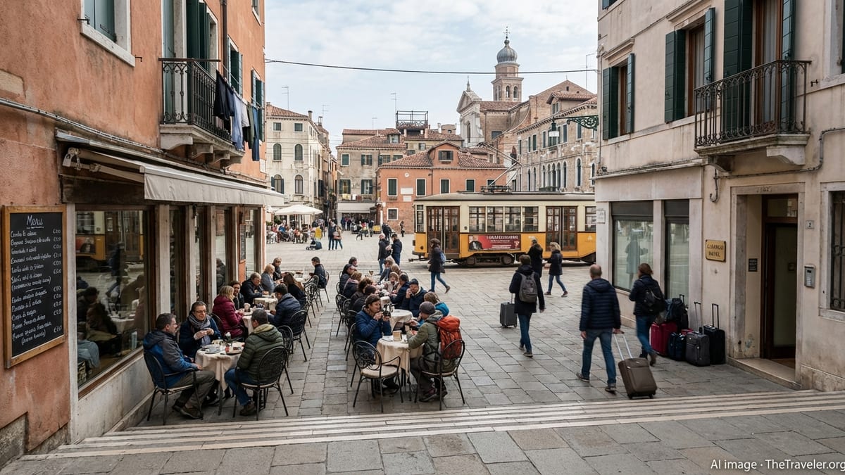 Busy Italian piazza with cafés, locals and tourists, showing everyday travel life and costs in early spring.