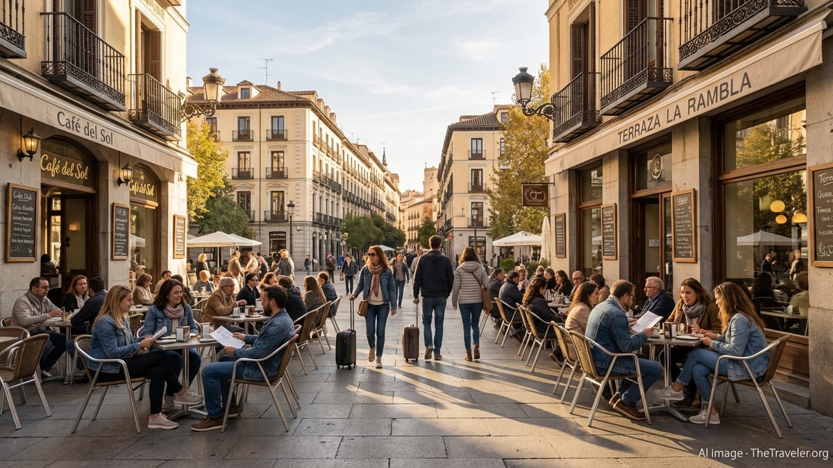 Busy Spanish city square at golden hour with cafes, travelers and historic buildings.