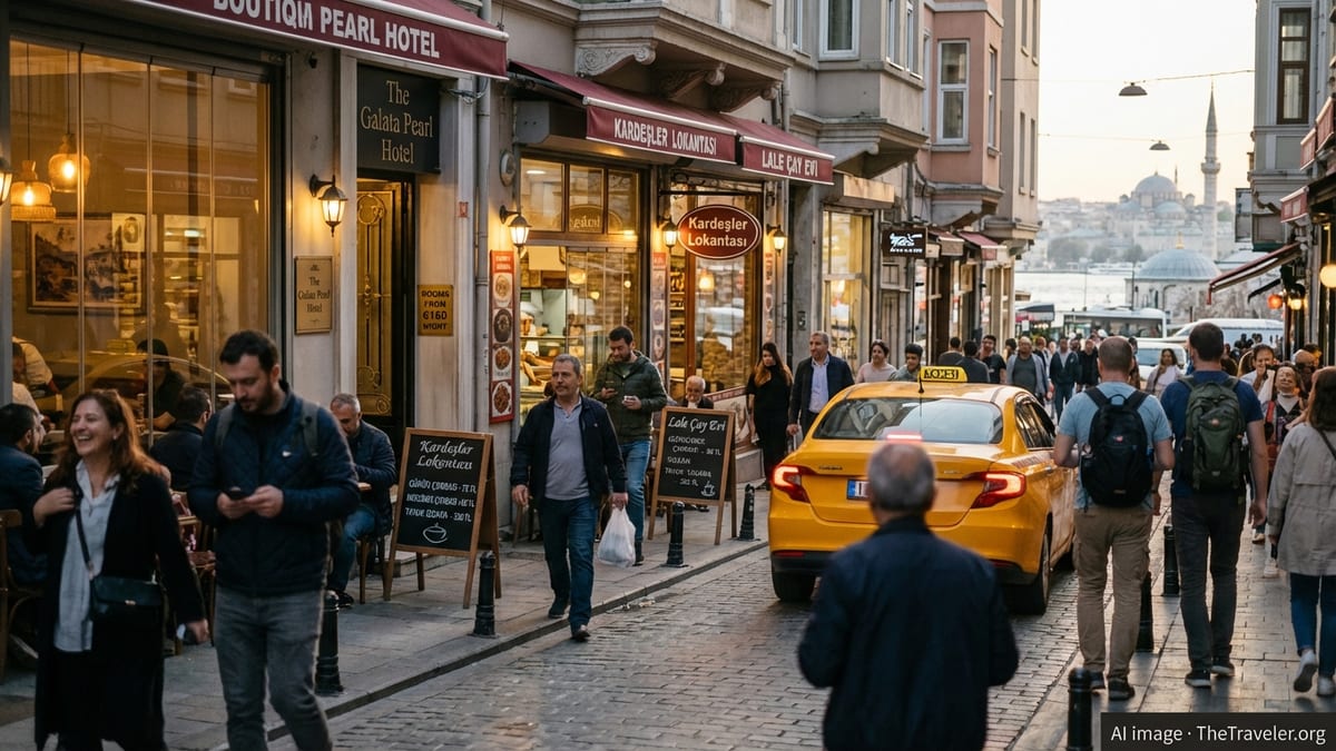 Evening street scene in Istanbul with cafés, hotel entrance and taxi showing everyday travel life.