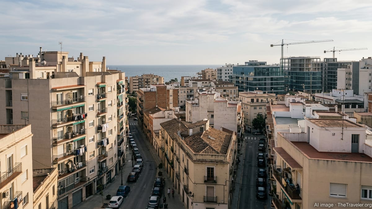 Dense Spanish coastal neighborhood with mixed old and new apartment buildings and cranes under construction.