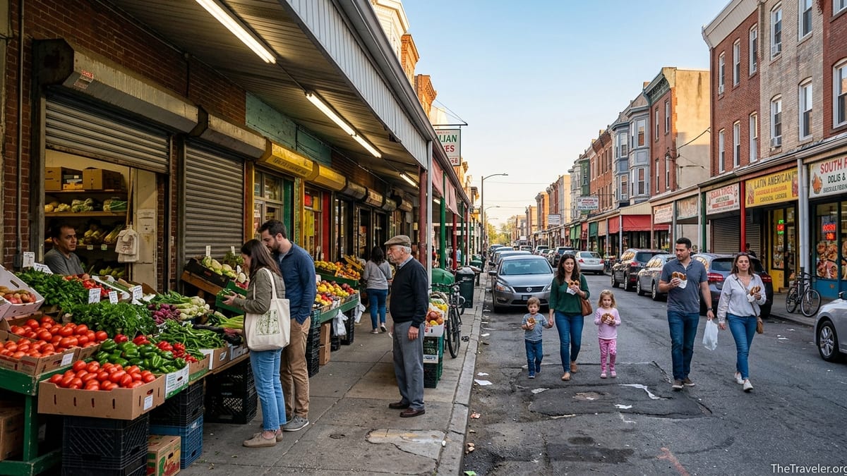 Evening street scene at Philadelphia’s Italian Market with locals browsing outdoor produce stalls.