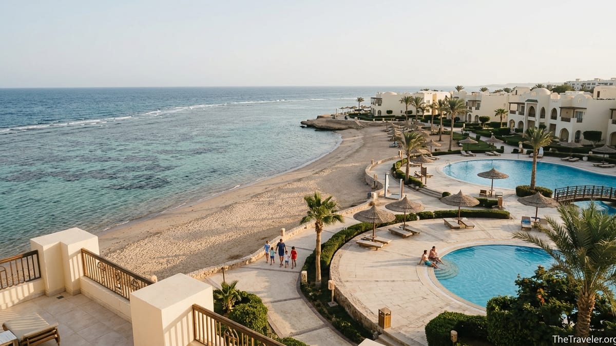 Red Sea all-inclusive resort with pools, sandy beach and coral reef at sunset in Egypt.