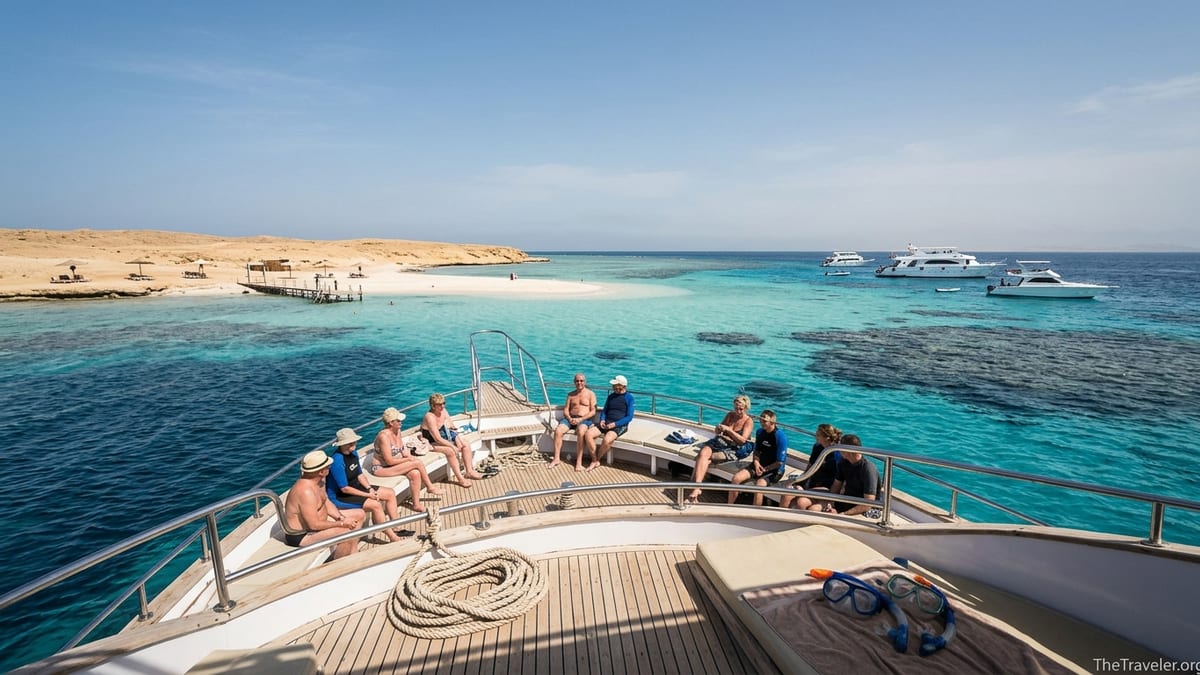 Excursion boat approaching the shallow turquoise waters of Egypt’s Giftun Islands near Hurghada on a sunny day.