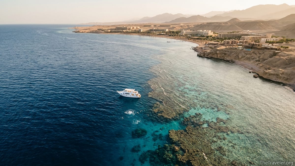 Aerial view of Egypt’s Red Sea coast with dive boat moored over a coral reef near a desert-backed resort town.