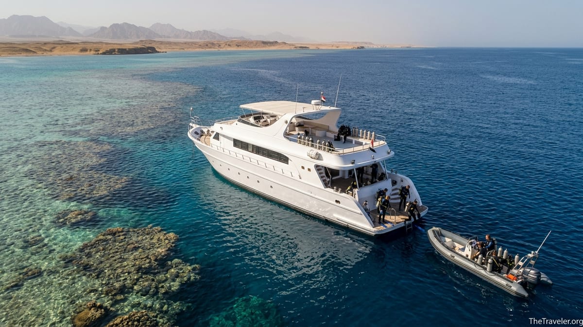 Egyptian Red Sea liveaboard anchored over coral reef with divers entering the clear water.