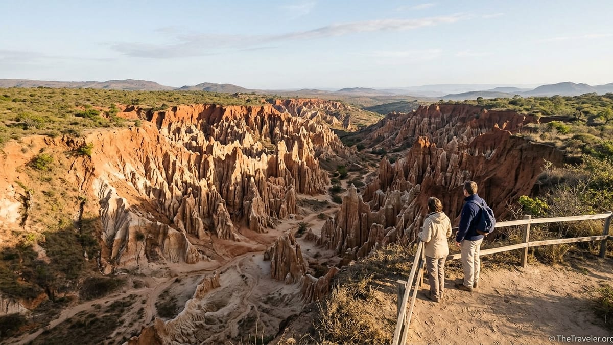 View over Madagascar’s Red Tsingy canyon with red laterite spires and distant green hills.