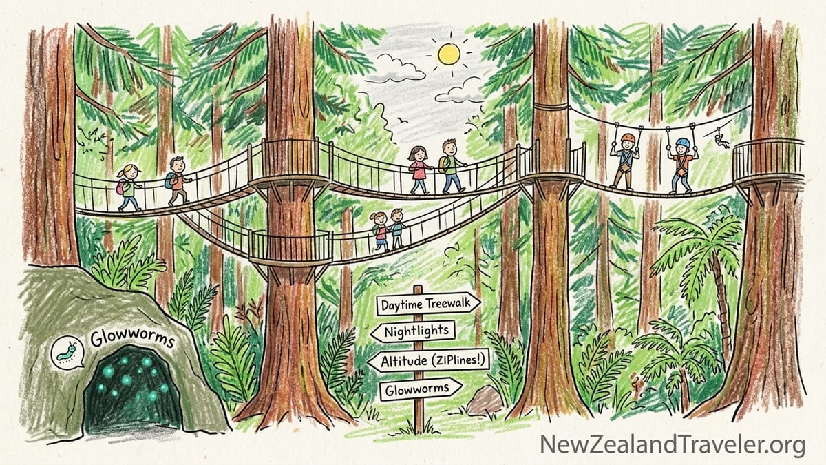 Visitors on the Redwoods Treewalk in Rotorua at dusk with lanterns glowing among tall trees.
