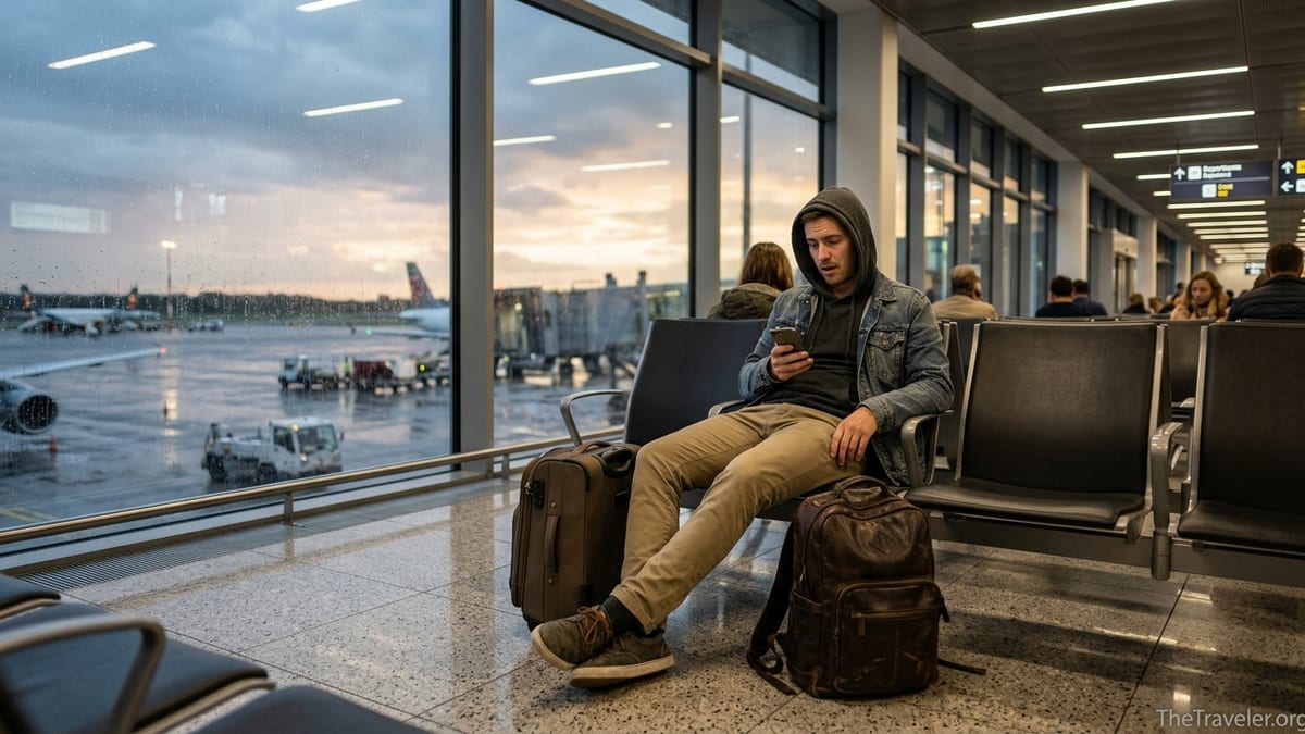 Traveler at a rainy European airport gate checking flight compensation on phone