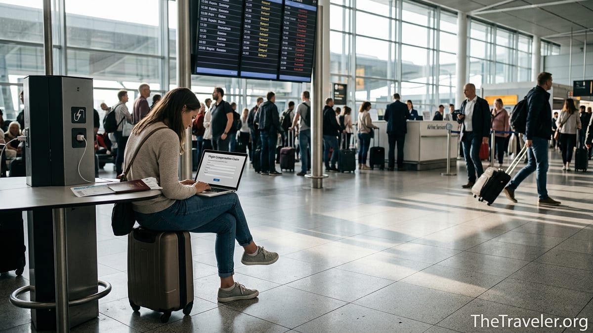 Traveler in a busy airport working on a flight compensation claim on a laptop.