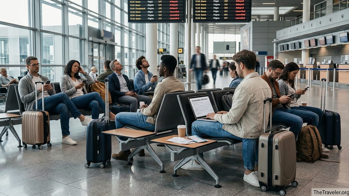 Travelers in an airport waiting area checking delayed flights and filing compensation claims on laptops.