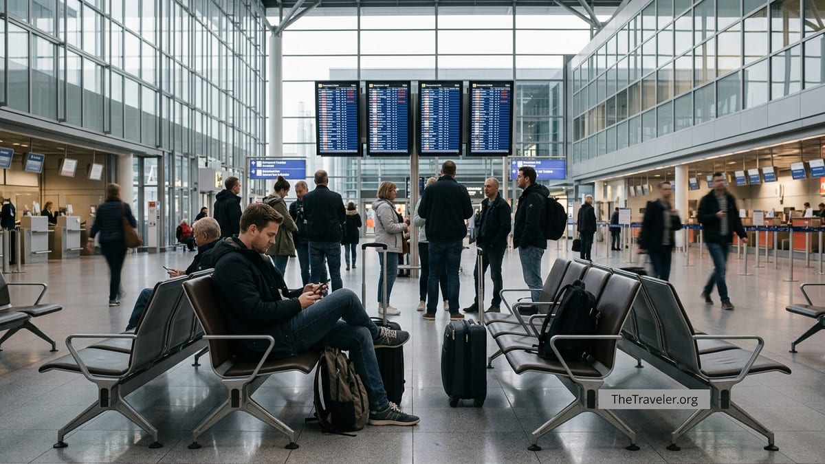 Traveler in a European airport checking a compensation app while flight delay boards glow overhead.