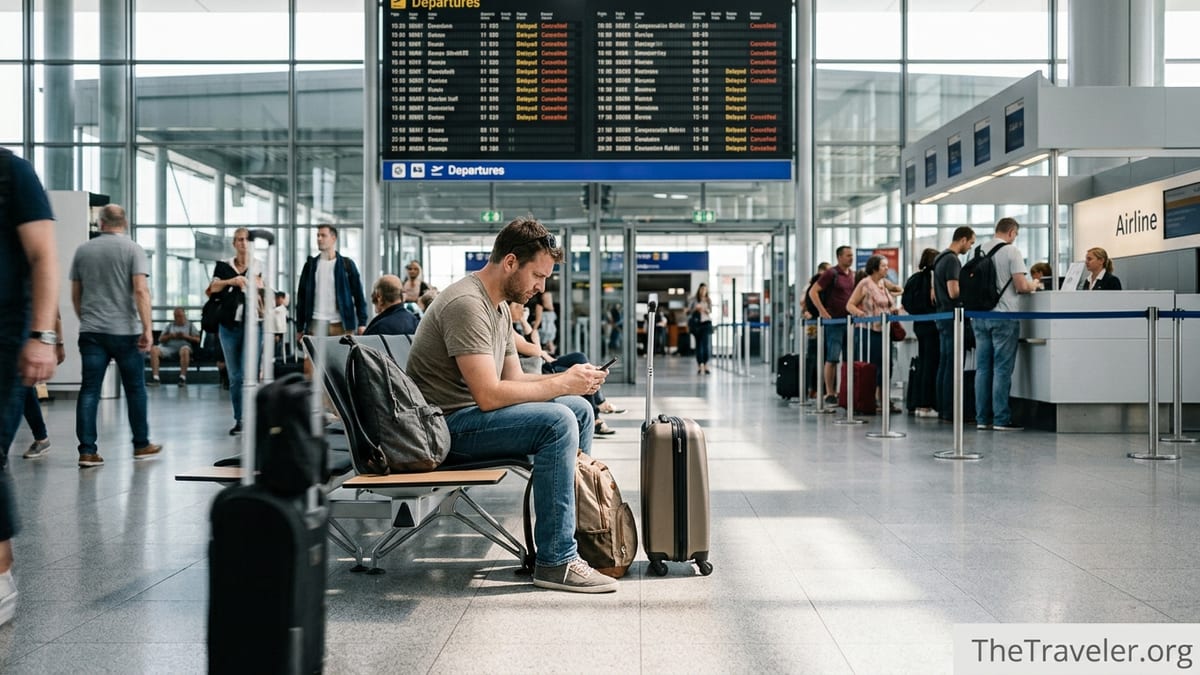 Traveler checking a refund app on their phone in a busy airport terminal.