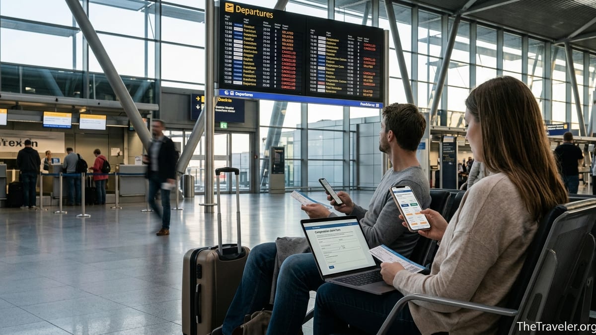 Two travelers in a European airport checking flight delay compensation on laptops and phones.
