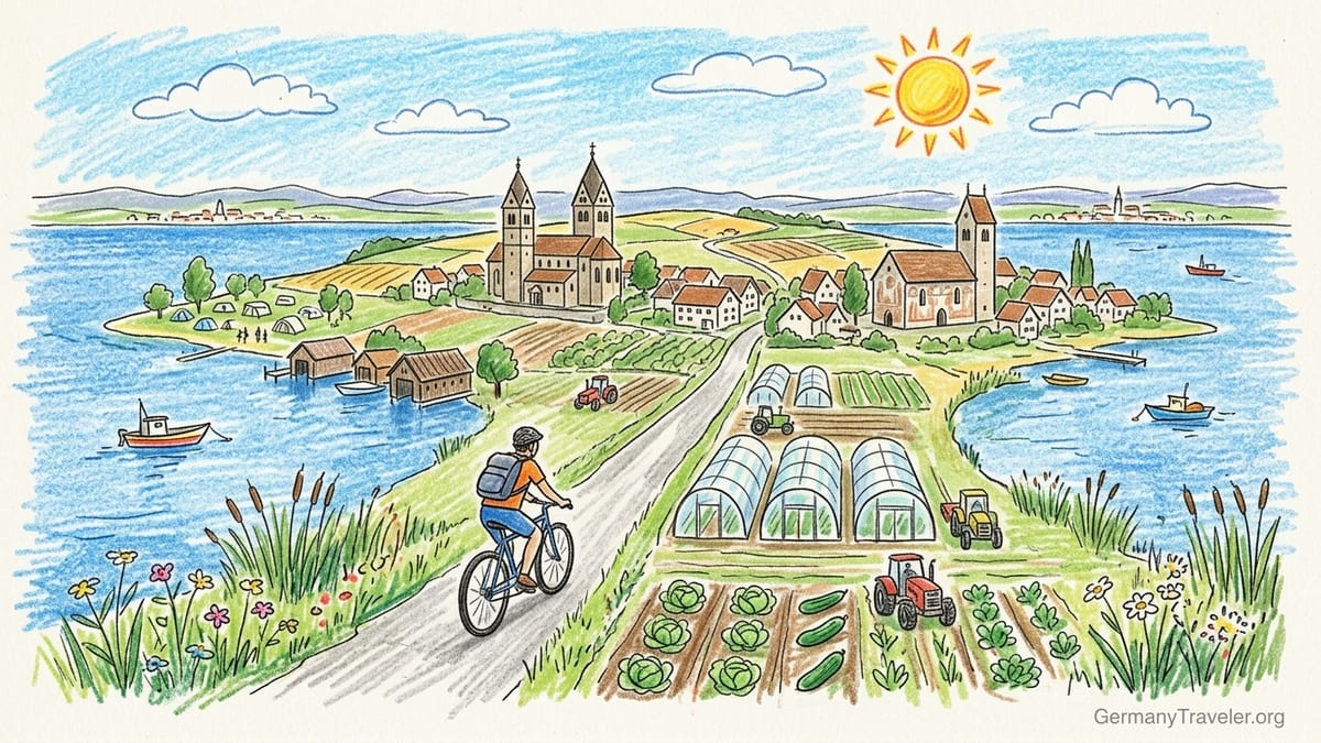 Cyclist passing vegetable fields and a Romanesque church on Reichenau Island beside Lake Constance.