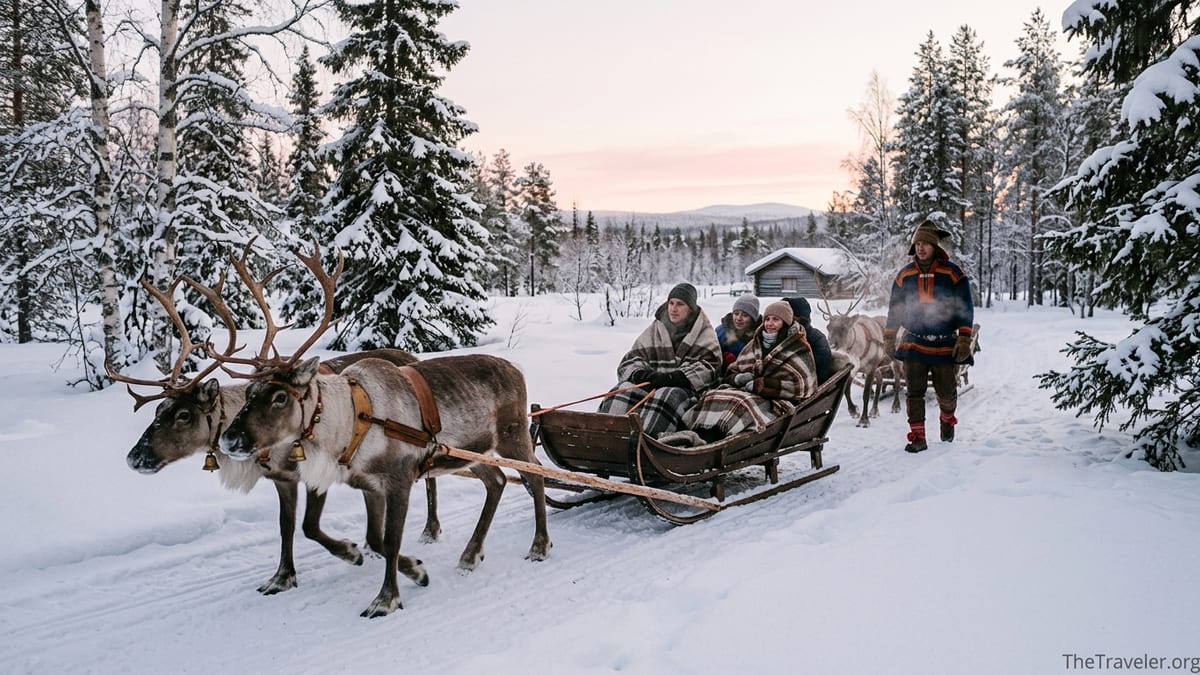 Travelers in a reindeer-drawn sleigh glide through a snowy Lapland forest at dusk.