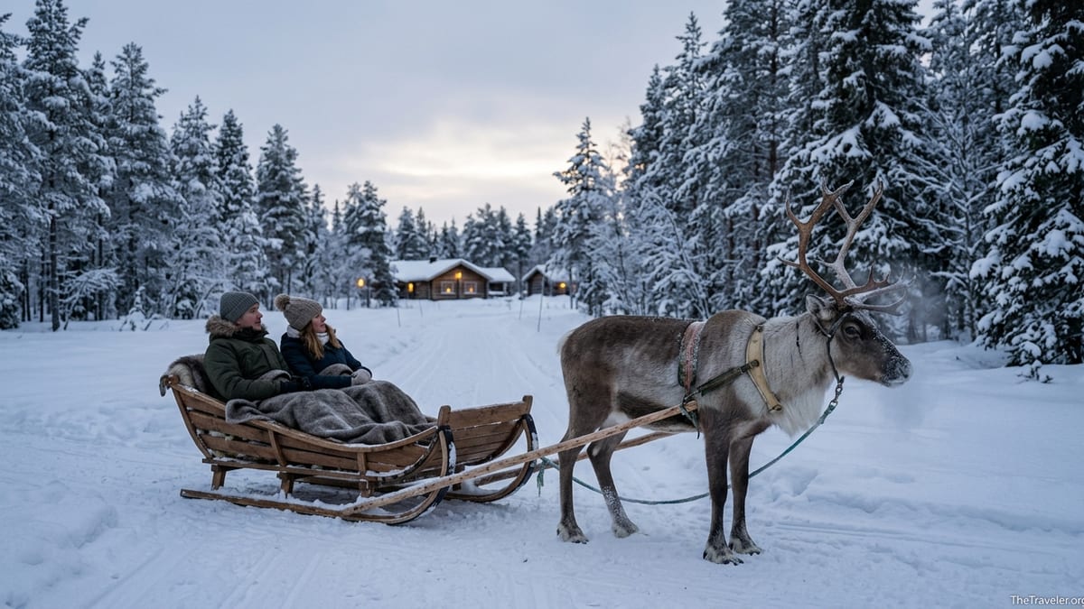 Travelers in a reindeer sleigh gliding through a snowy forest in Lapland at twilight.