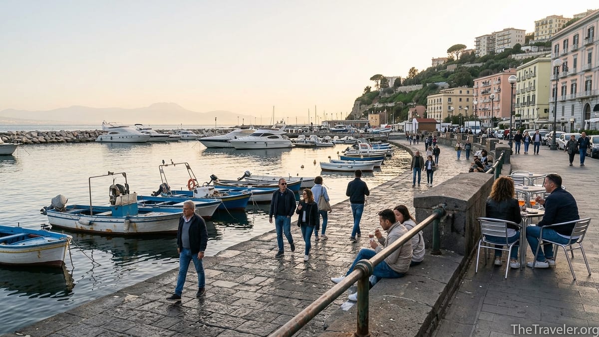 Golden hour along the Mergellina waterfront in Naples with locals walking by the marina.
