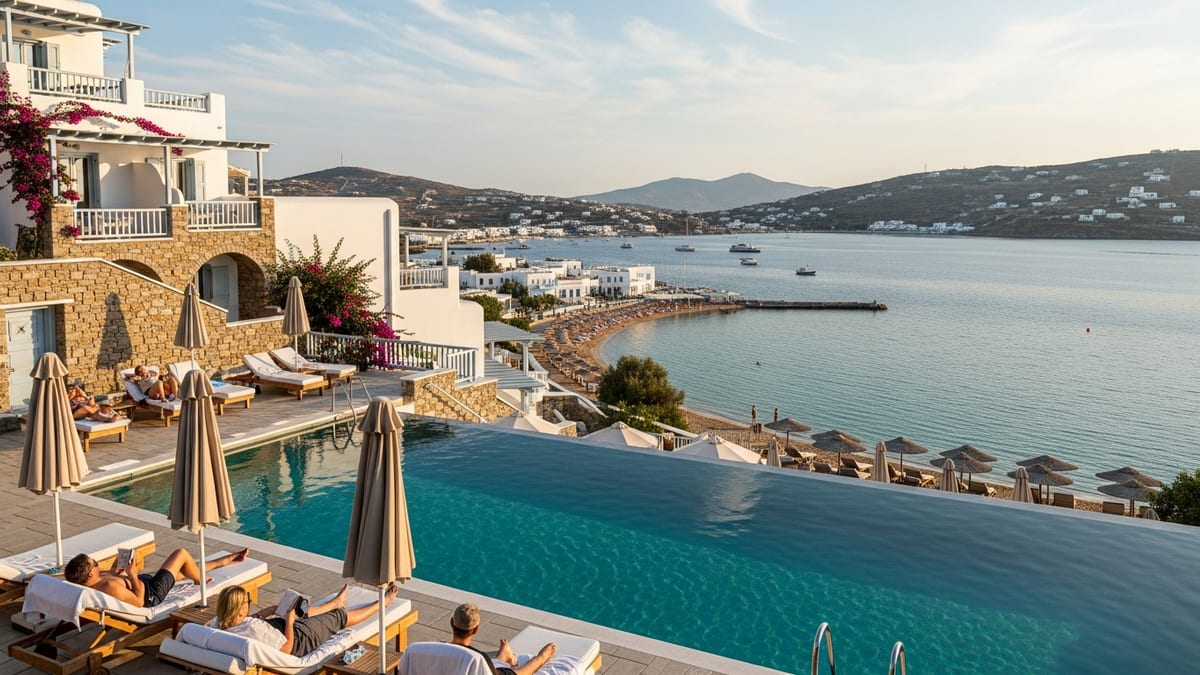 pool at Hotel Senia in Naoussa, Paros, Greece during the golden hour