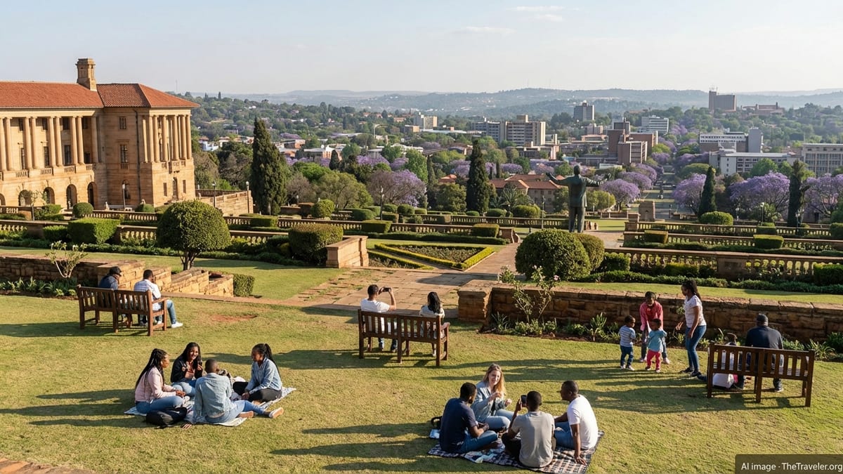 Relaxed view of Pretoria from the Union Buildings' gardens with locals and jacaranda trees.