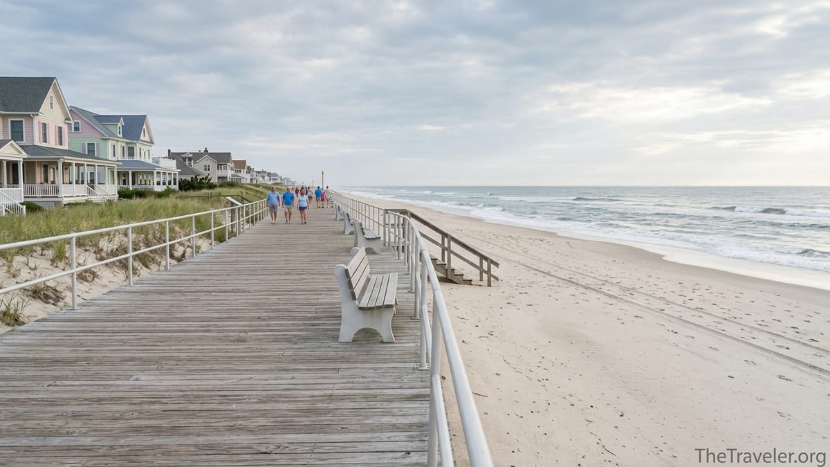 Quiet Ocean Grove boardwalk overlooking a calm beach on an overcast summer morning.