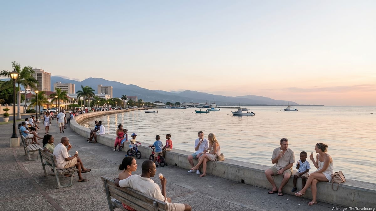 Families relaxing at sunset along the Kingston, Jamaica waterfront promenade with calm harbor and distant mountains.