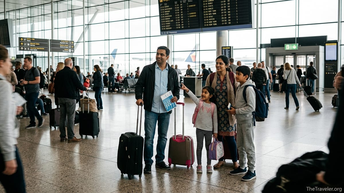 Indian family with luggage reviewing travel documents in an international airport departure hall.