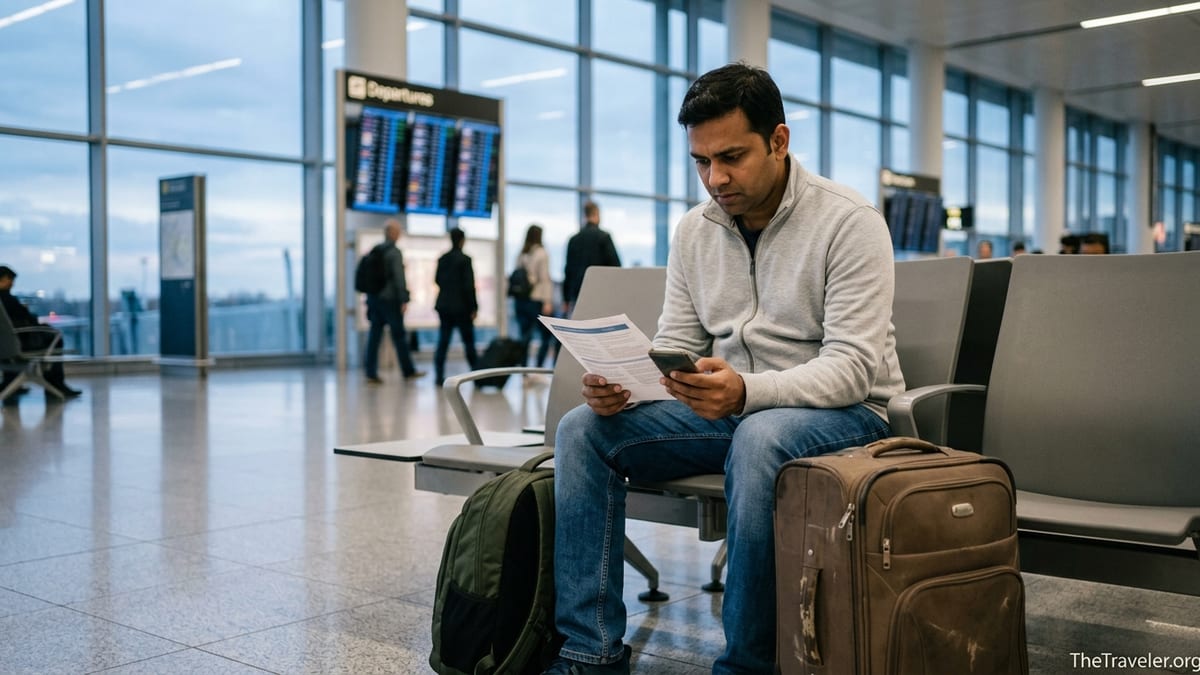 Worried traveler reading travel insurance documents in an airport lounge