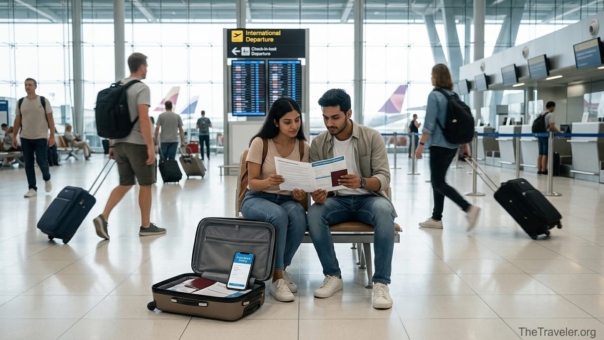 Indian travelers in an airport reviewing travel insurance documents beside their luggage.