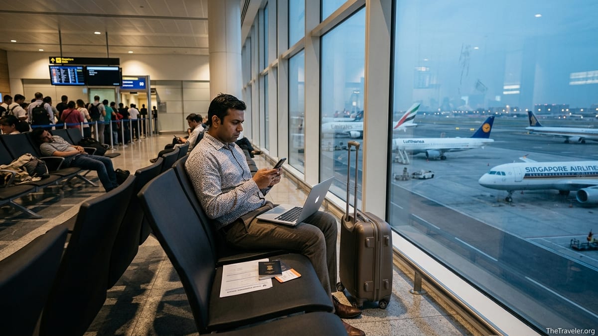 Traveler in an airport terminal reviewing travel insurance documents at dusk.