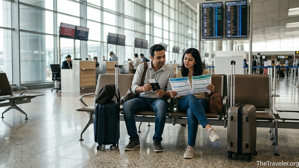 Two Indian travellers at an airport bench comparing travel insurance papers before an international flight