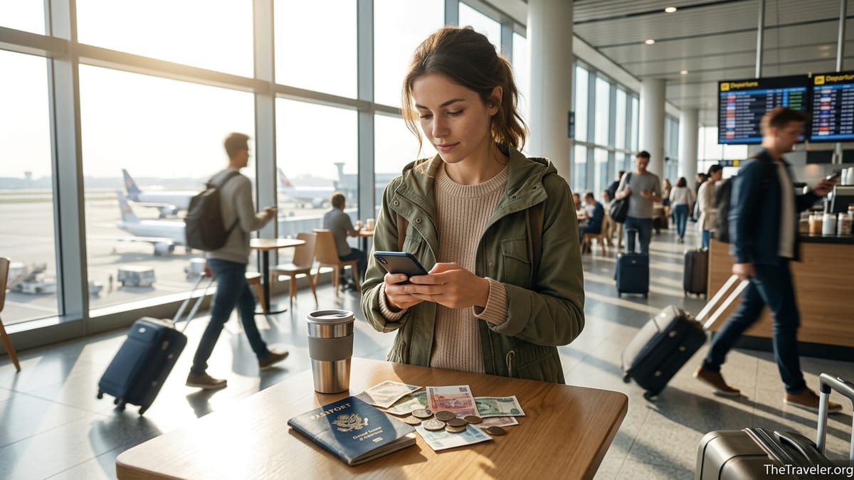 Traveler in an airport café using a phone to send money abroad with cash and passport on table.