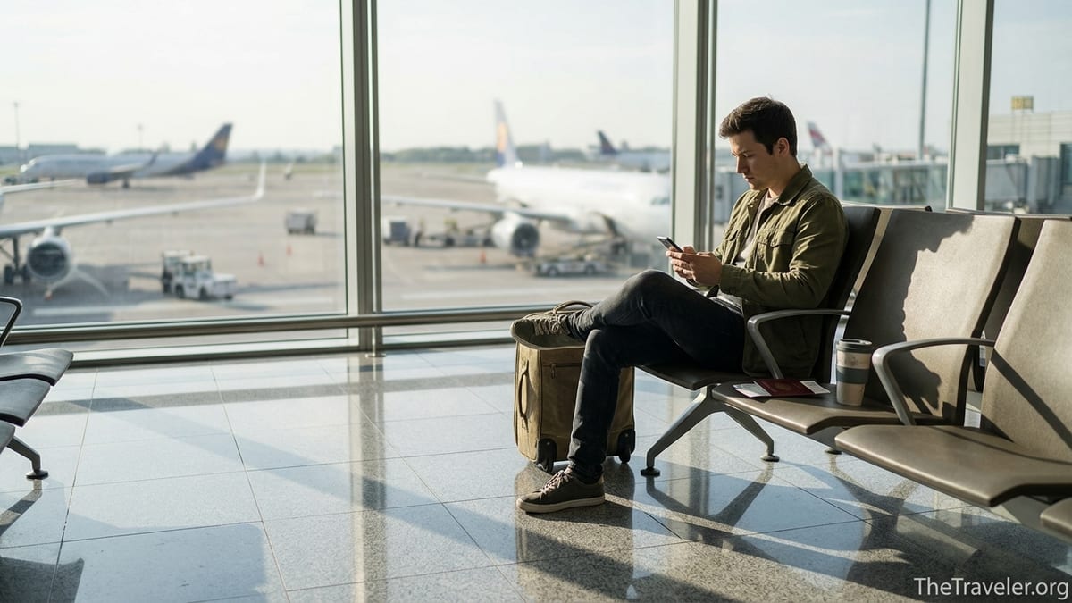 Traveler in an airport sending an international money transfer on a smartphone.