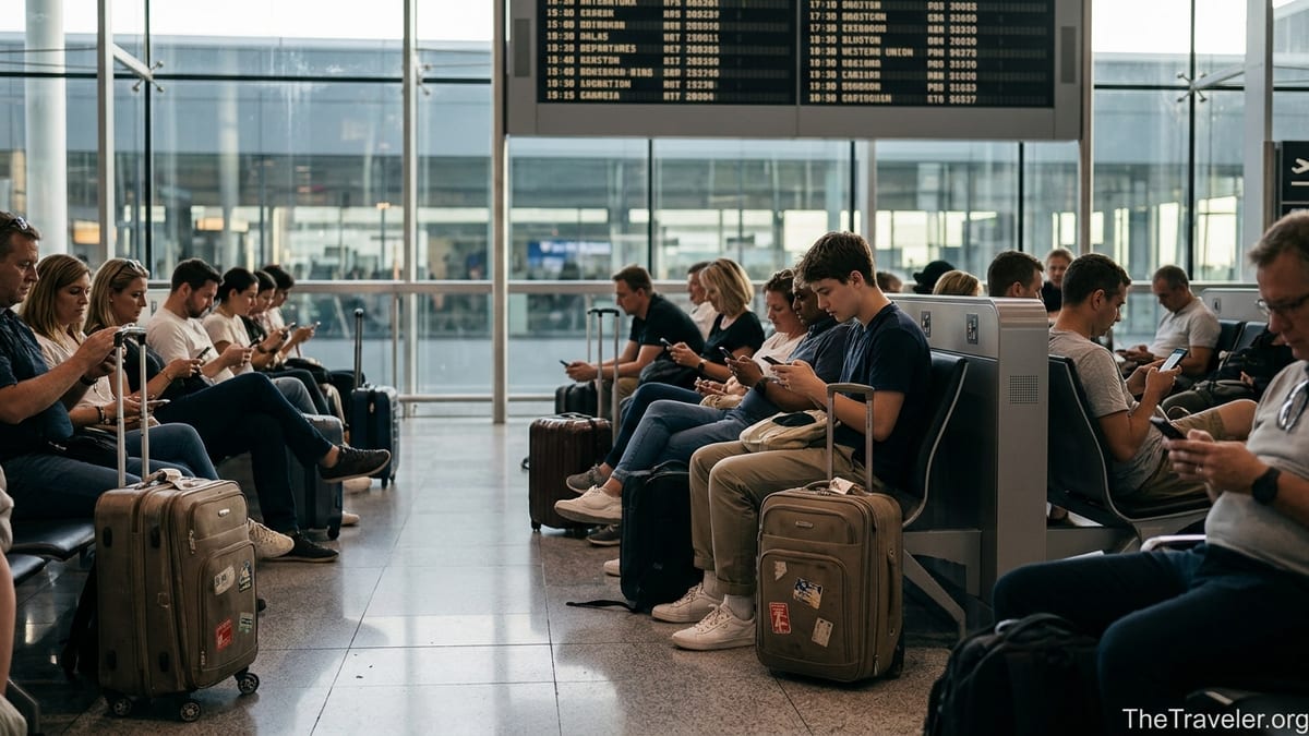 Travelers in an airport lounge checking money transfer apps on their phones.