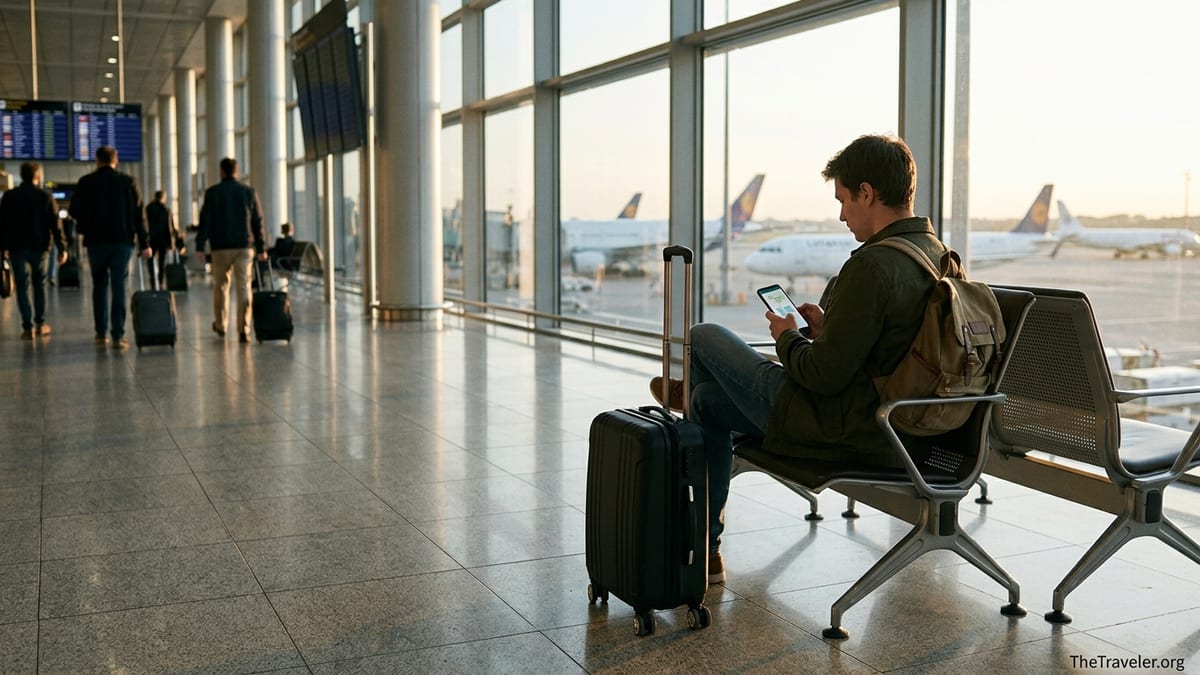 Traveler in an airport using a smartphone to send money internationally with Remitly.
