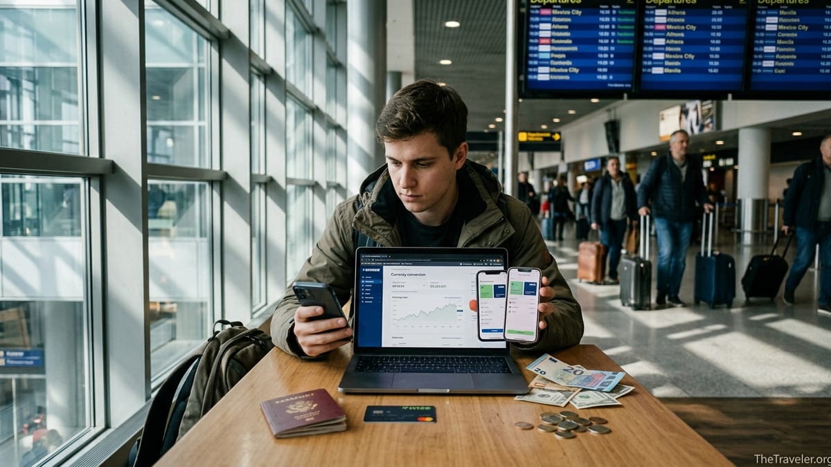 Traveler at airport table comparing money transfer apps with cards and cash.