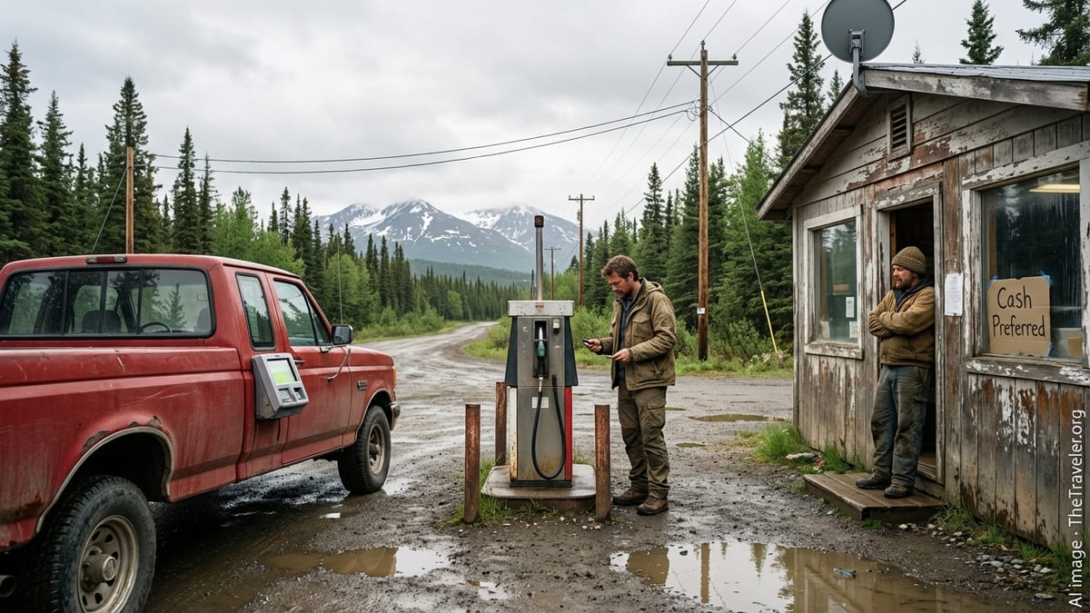 Traveler at a rural Alaska gas pump holding a card as the attendant points to a cash-preferred sign.